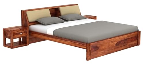 Image of STRATA FURNITURE Sheesham Wood Queen Size Double Bed Without Storage | Wooden Palang Cot for Bedroom Living Room Furniture (Honey Finish)