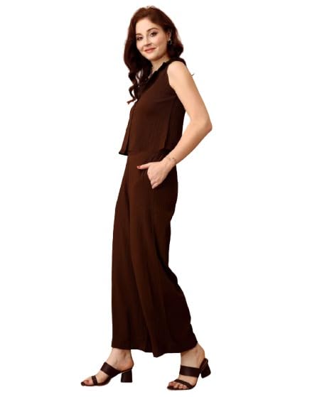Sleeveless Zip-Front Co-ord Set, Brown Casual Jumpsuit for Women-image-41