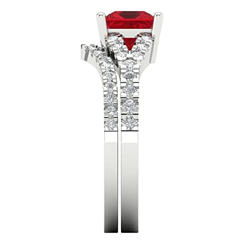 Clara Pucci 3.36 ct Princess Cut Created Ruby 14k White Gold Solitaire with Accents Wedding Bridal Engagement Promise Ring Band Set3