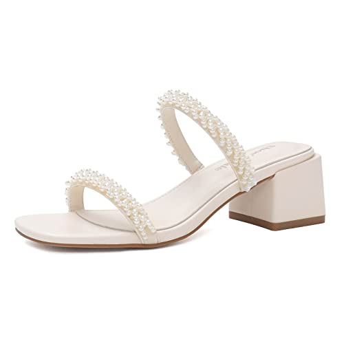 Shoe'N Tale Pearl Heels for Women Block Low Heel Heeled Sandals Square Toe Slip On Slide Mules