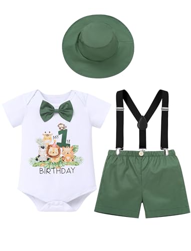 IBTOM CASTLE Baby Boys 1st Birthday Outfit Wild One Safari Jungle Zoo Party Short Sleeve Bowtie Romper Suspenders Shorts Hat Cake Samsh Photoshoot Outfit Green-My1st birthday 12-18 Months