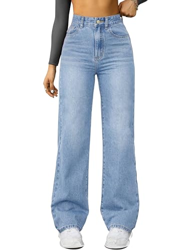 Straight Leg Jeans for Women,High Waisted Wide Leg Loose Microelastic Boyfriend Denim Pants A-Blue