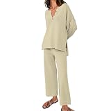 Conjunto de ropa de estar por casa para mujer: suéter manga larga con botones y pantalón ancho a juego.