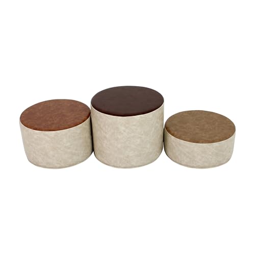 FDP Rustic 15 inch Round Two-Tone Ottoman Set for Ages; Flexible All-Foam Seating, 3 Tiered Stool Heights 6, 9, 12 inch; for Playroom, Classroom, Library (3-Piece) - Distressed Assorted, 13876-DA