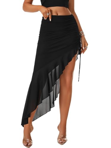 Rooscier Women's Asymmetrical Ruffle Hem Drawstring Side Mesh High Slit Bodycon Maxi Skirt3