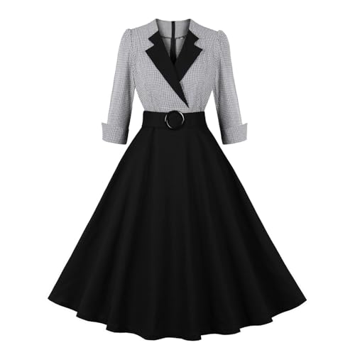 Foweknow Vestido de cóctel para mujer, rockabilly, a cuadros, vestido de fiesta para mujer, años 50, vintage, festivo, vestido de noche, cuello de pico, manga 3/4, acampanado, vestido cruzado