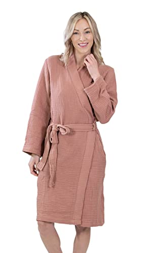 Aegean Concept - Muslin Bathrobe Turkish 100% Cotton | Unisex - Men And Women | Super Absorbent, Sustainable And Cozy, Breathable And Fast Dry - Bath, Beach, Pool, Spa, Shower, Gym [Blush-L] #TOP13