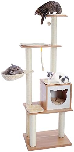 Made4Pets Cat Tree Cat Tower for Indoor Cats 65.6 Inches Modern Wood Cat Condo with Scratching Post for Large Cats Climbing, Multi-Level Tall Cat Tower Tree House with Hammock for Kitten Play and Rest