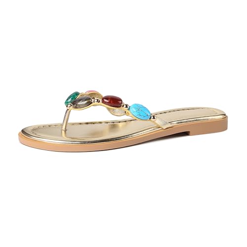 DREAMSTORY Womens Beaded Flip Flops Beach Jeweled Thong Sandals Gold 7