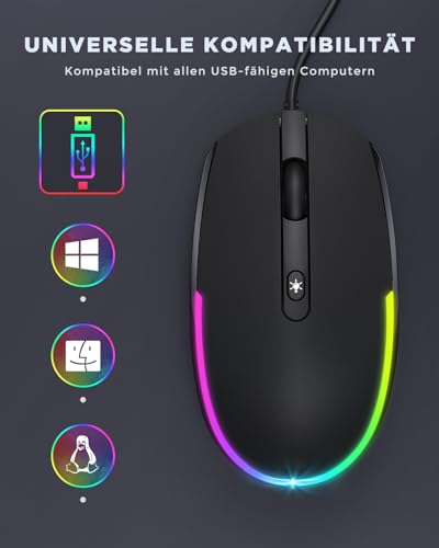 seenda Maus mit Kabel, PC Computermaus mit Kabel, 1600 DPI USB Maus Kabelgebunden für Laptop/PC/Computer/Mac, Schwarz