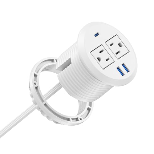 Jgstkcity 2-in-1 Desktop Power Grommet with USB-C Output, 125V, 12A, 2 AC Outlets, 3 USB Charging Ports, White