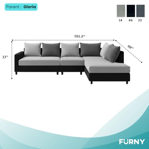 Image of FURNY Glory 6 Seater RHS Fabric Sofa Set (Black-Light Grey-Dark Grey) with Velvet Finish | Durable Comfort | Ideal for Living Room | Breathable material