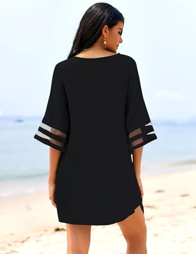 Ekouaer Women's Swimsuit Cover Up 3/4 Bell Sleeve Beachwear Coverups Deep V-Neck Bikini Beach Dress S-3XL4