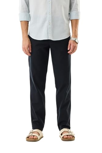 Image of SNITCH Men Casual Trousers | Slim Fit Mid Rise Textured Design | Cotton Linen Blend & Breathable Fabric for Summer & Street Wear