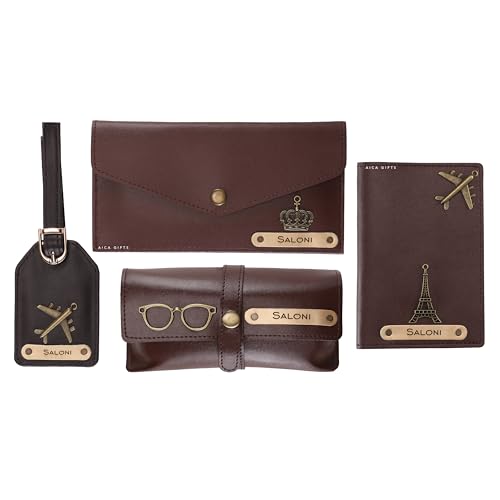 Image of AICA Personalized Name & Charm Passport Cover Combo Giftset for Women (Darkbrown) | Customized Corporate Farewell Retirement Thank You Gift for Office Women Colleagues Clients Employees