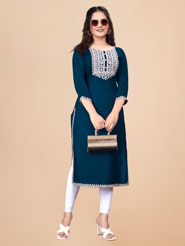 Image of Women Rayon Embroidered Kurti Three Quarter Sleeve Kurta for Women and Girls Embroidery Work Soft Rayon Fabric Comfortable
