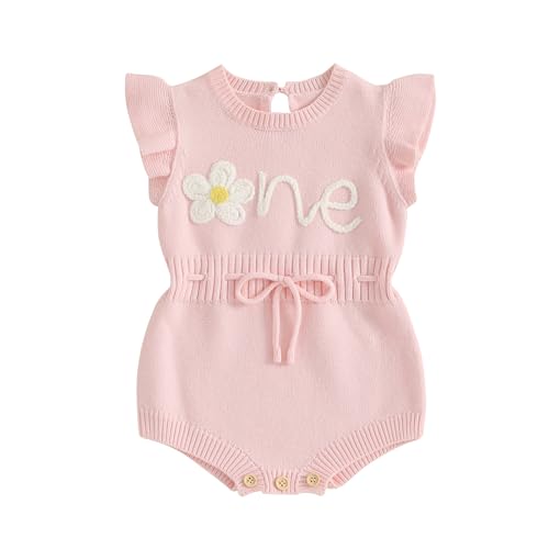 Image of MAHUAOYIXI Infant Baby Girl 1st Birthday Sweater Rompers Newborn Baby Girls' Knit Bodysuits Flying Sleeves Letter Floral Embroidery Jumpsuit Knitwear for Baby Warm Jumper (Pink, 12-18 Months)