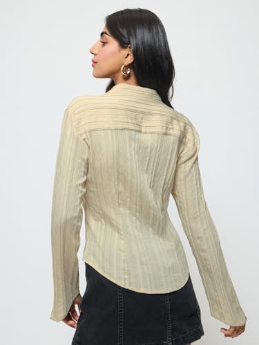 Image of The Souled Store Zipper Shirt: Women and Girls Full Sleeves Round Neck Textured Viscose Blend Slim Fit Lightweight Breathable Smart Casual Shirt for Everyday Summer Wear