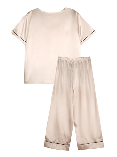 Remidoo Women's Short Sleeve V Neck Shirt with Capri Pants Lounge Set Silk Pj Set2