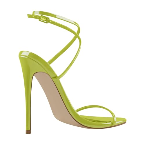 Image of Strappy High Stiletto Heels, Ankle Strap Buckle Heeled Womens Sandals, Sexy Comfort Open Round Toe Heels for Daily Party Dress