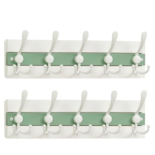 Image of SKOLOO Coastal Wall Mounted Coat Rack - 16-7 /8 inch Beach House Entryway Wooden Coat Hook with 5 Hooks for Hanging Coats, Hats or Towels, Oceanfront Cottage Core Collection, White & Green, Pack of 2