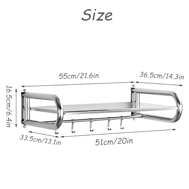 Dxcaicc Wall-Mounted Microwave Shelf, Kitchen Storage Organizer with Removable Hook,Space Saving Electric Oven Holders,Stainless Steel Rack,Black,55cm/21.6in
