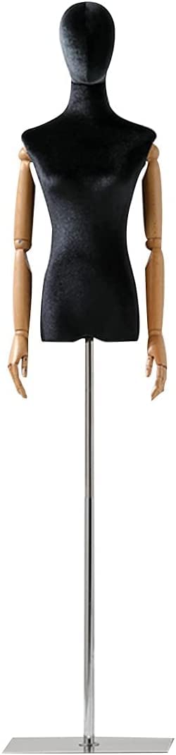 Dress Form Female Mannequin Torso Upgraded Female Dress Form Velvet Half-Length Model with Solid Wood arm Mannequin Torso Body with Adjustable Metal Square Base for Dress Jewelry Display Black ( Color