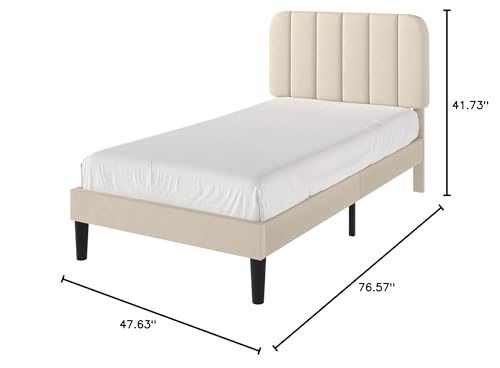 Image of VECELO Twin Size Bed Frame with Upholstered Headboard, Velvet Platform Bedframe Mattress Foundation, Strong Wood Slat Support, No Box Spring Needed,Bone Beige