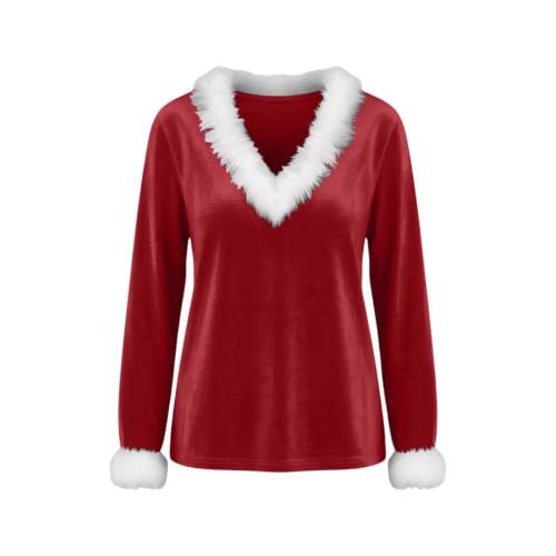 Velvet Womens Tops Faux Fur Trim V Neck Long Sleeve Holiday Blouse - image 8