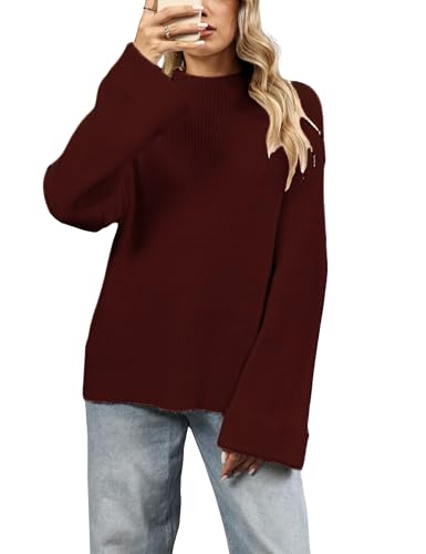 Oversized Womens Knit Sweater Cozy Ribbed Turtleneck Pullover with Side Slits