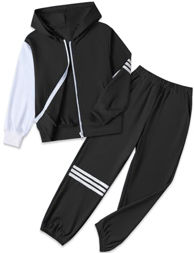 Boy's Pants Set - 2 Piece Fall Outfits ColorBlock Long Sleeve Zipper Hooded and Pants Casual Clothes 6-16 Years