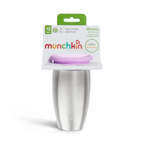 Image of Munchkin Stainless Steel Sippy Cups for Toddlers 1-3, Spill Proof Miracle 360 Cup, Insulated, 10 Ounce, Purple