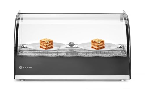 HENDI Warmhaltevitrine, Temperatur regelbar bis 85°C, große Glasture, mit heraunehmbarer Krümelschublade, inklusive feinmaschigem GN 1/1 Rost, einzeln, 230V, 400W, 554x376x(H)311mm, Edelstahl