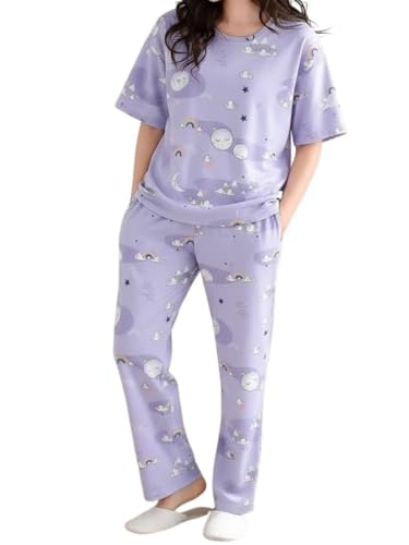 Image of Women's Korean Style Night Suit Set | Cotton Half Sleeve Top & Pyjama Set | Round Neck Printed Nightsuit | Comfortable Nightwear & Loungewear for Women | Sleepwear Pjs Lounge Set |Co-ords Outfit
