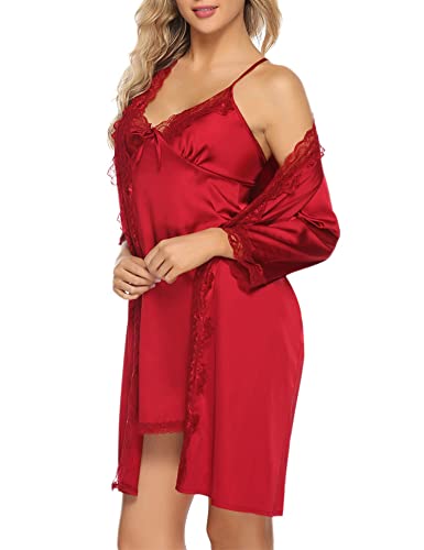 iClosam Nuisette Femme Satin 2 Pièces Chemise de Nuit Femme Satin avec Bretelles Reglables Robe de Nuit Femme Sexy Col V S-XXL