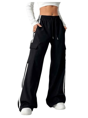 Camisas, Shoes SOLY HUX - Pantalones de paracaídas para mujer, holgados, de pierna ancha, con cordón y cintura alta, pantalones cargo, Franjas negras, XS