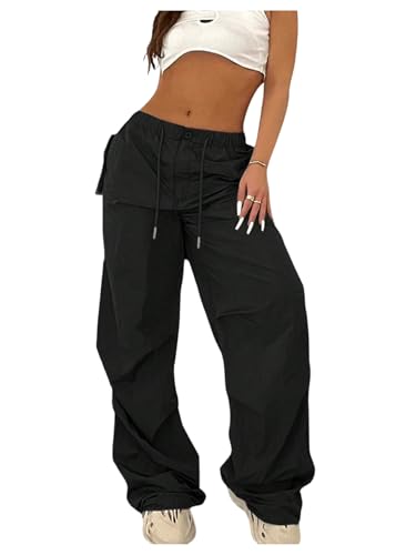 OYOANGLE Women's Parachute Cargo Pants Y2K Drawstring Waist Ruched Straight Leg Trousers Joggers