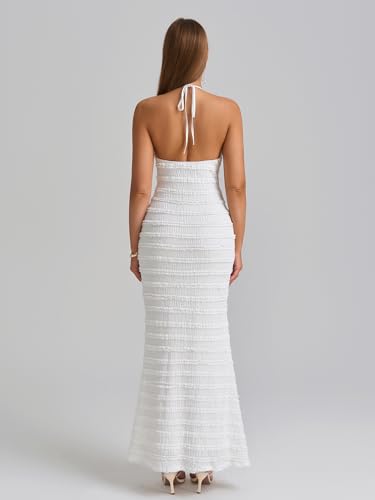 HTZMO Women Elegant Summer Casual Bodycon Maxi Dress Sexy V Neck Halter Ruffle Wedding Guest Formal Long Dresses2