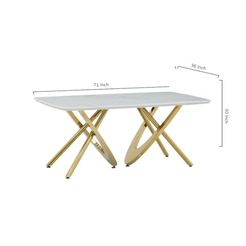 Image of Royaloak Romania Italian Marble Dining Table Six Seater | Premium Marble Top with Rounded Corners, Gold-Finished Intersecting Metal Legs & Contemporary Design | Elegant Dining Table Without Chair