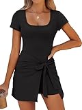 Caracilia Women Summer Short Sleeve Square Neck Bodycon Tie Cinched Waist Romper Mini Dress Athletic Night Out Vacation Dress Black Medium