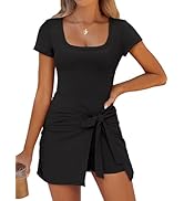 Caracilia Women Summer Short Sleeve Square Neck Bodycon Tie Cinched Waist Romper Mini Dress Athle...