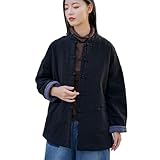 LUZU JUNU Women's Winter Quilted Short Jacket Coat Chinese Style Tang Suit Cotton Linen Coat with Pockets(US,Alpha,One Size,Regular,Regular,Black)