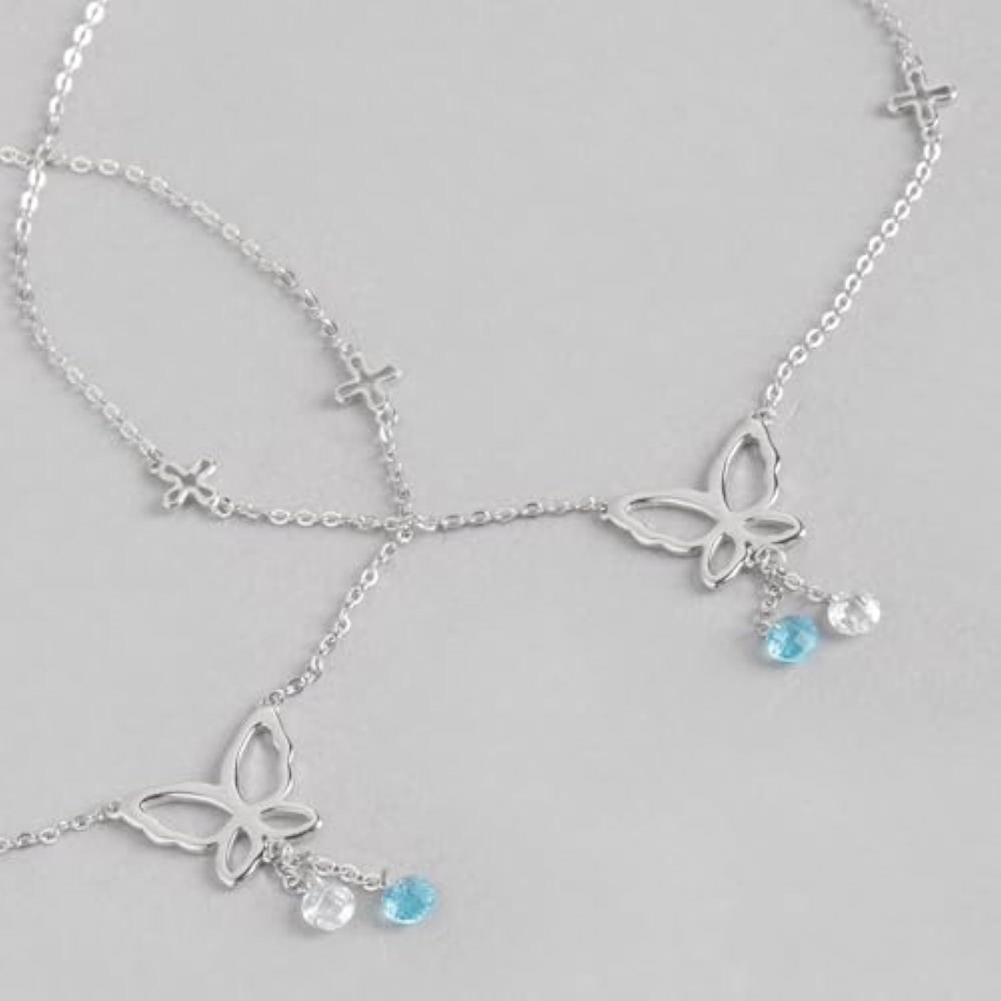 Women's 925 Sterling CZ Butterfly Rhodium Plated Anklet, Pair