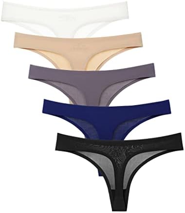 Kiench Teen Girls Seamless Underwear Thongs Low Rise No Show Panties 5-Pack US Pants Size 10-12/10-12 Years/Petite Women Size 2 / XS, Black & White & Nude & Grey & Navy Blue