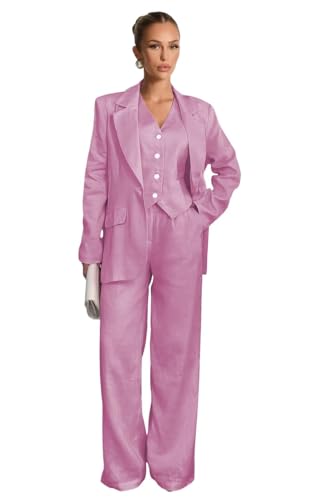 Linen Light Purple Plus Size 3 Piece Womens Suit exy V Neck Tuxedo for Wedding Guest Summer Leisure Suits for Women Size 6X-Large