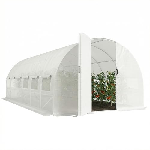 Outsunny Invernadero de Exterior 6x3x2 m, Invernadero de Túnel con Puerta con Bisagras, Ventanas de Malla, Cubierta PE 140g/m² y Marco de Acero Galvanizado, Anti-UV, Impermeable, para Cultivos, Blanco