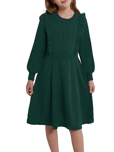 Lifeuping Girls Christmas Sweater Dress Long Sleeve Ruffle Ribbed Knit Fall Winter Party Dress for Tween Girls 5-14Y (Green, 5-6Y)