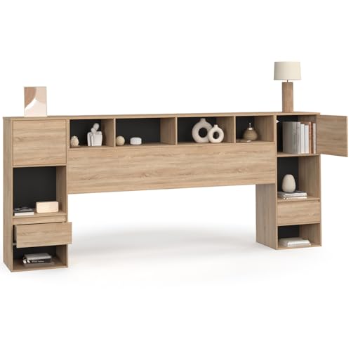 IDMarket - Tête de lit sur Pied CAMPHA 240 cm avec chevets tiroir + placards + niches Bois et Noir