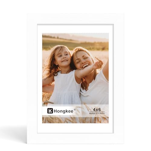 Hongkee 4x6 Picture Frame Made of Solid Wood with Real Glass Display Pictures 3.5x5 with Mat or 4 x 6 without Mat - Wall and Tabletop (White 1 Pack)