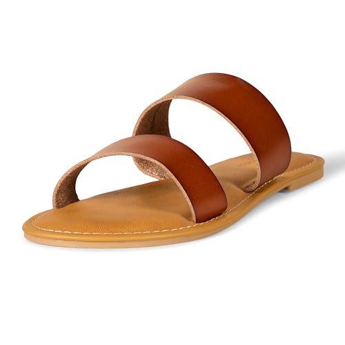 Amazon Essentials Women's Two Band Slip On Open Toe Fashion Slide Sandal, Tan, 7.5 by Amazon Essentials - Used condition - US$7.07